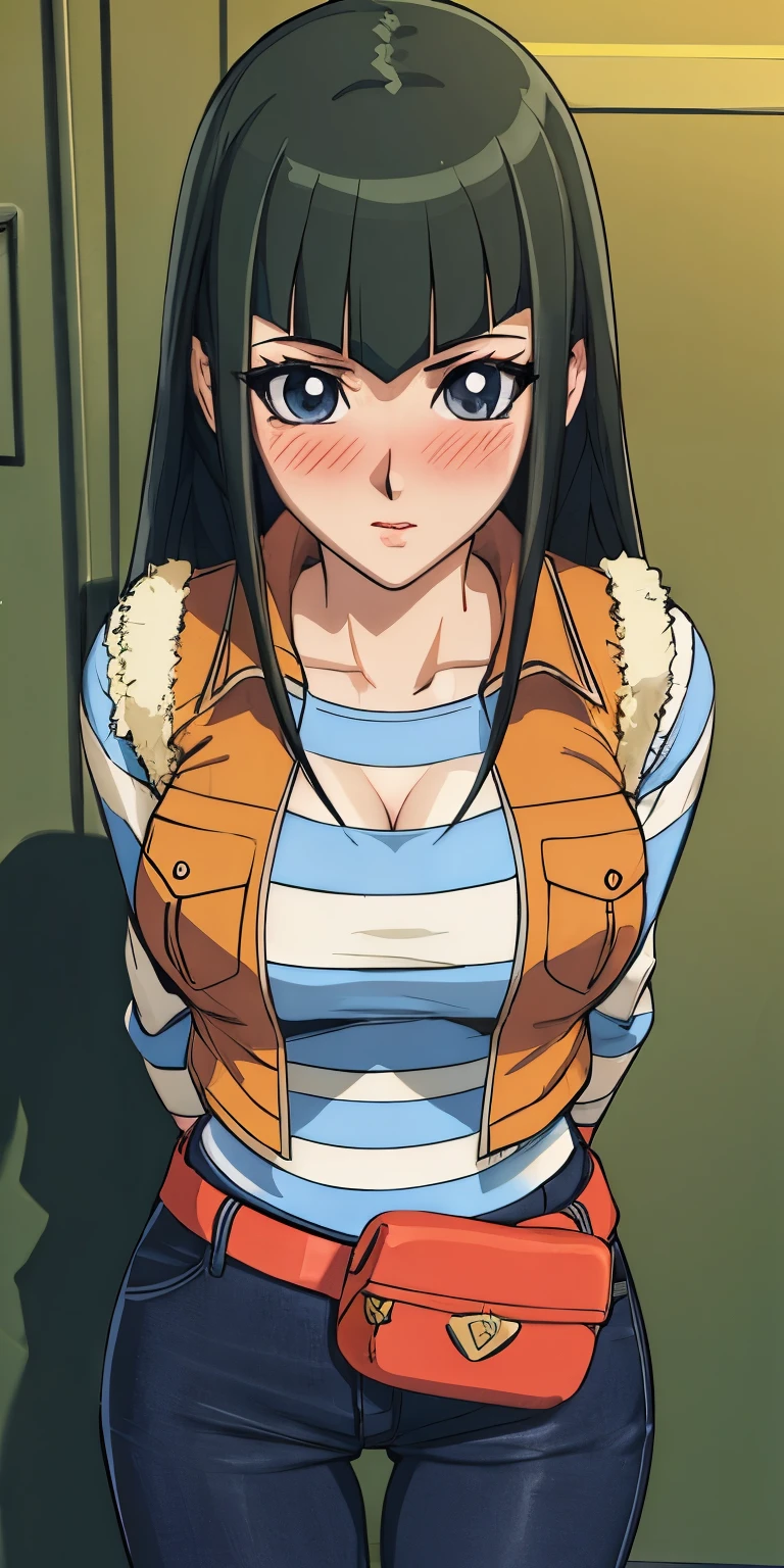 masterpiece, best quality, ultra-detailed, illustration,masterpiece, Best quality, high resolution, high resolution, CC, 1girl, vest, striped shirt, striped sleeves, fanny pack, pants,beautiful detailed eyes, looking at viewer in a seductive look, close up, (breast focus), (arms behind back:1.2), (from above:1.1),big sized breasts, attempt to seduce,blush, (cleavage) ,(wide thighs)