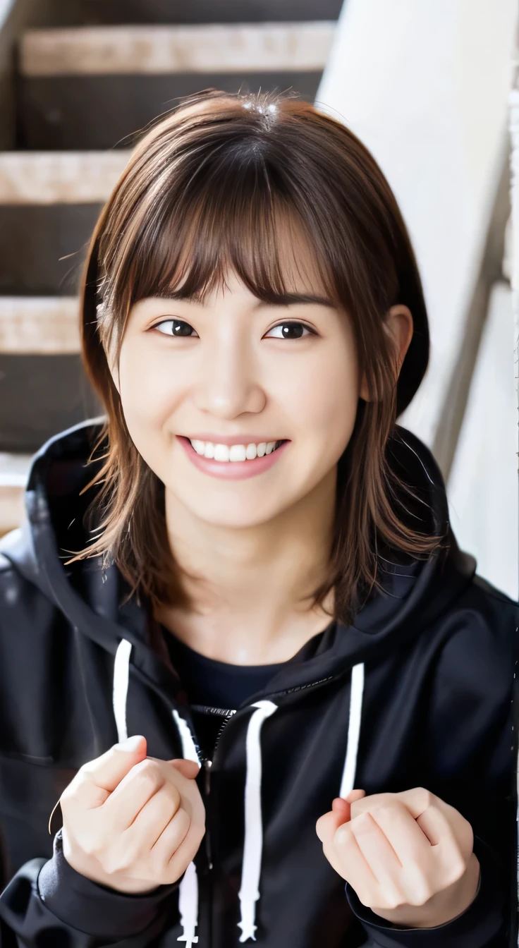 8K、highest quality、Clear Beauty、hoodie、smile、Beautiful teeth alignment、(Gums are visible)Black Hair、Ear piercing、Upper body、The background is a staircase