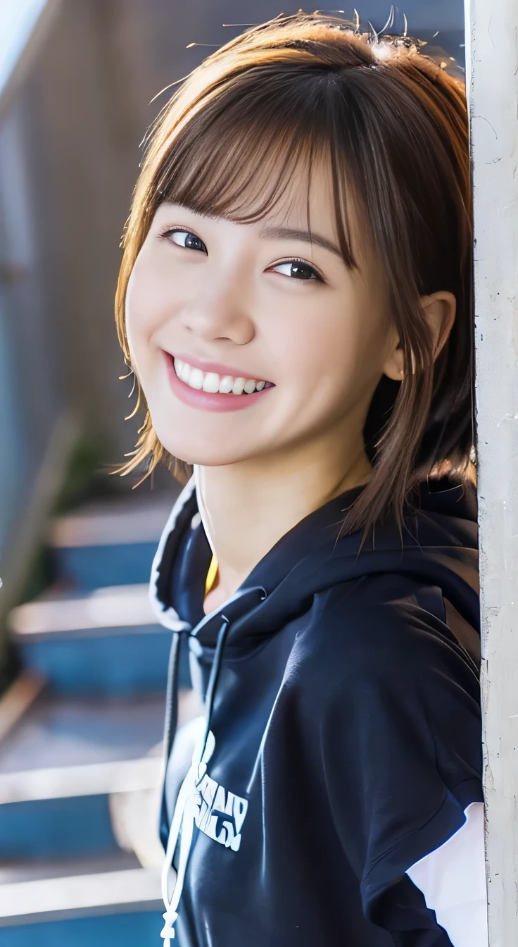 8K、highest quality、Clear Beauty、hoodie、smile、Beautiful teeth alignment、(Gums are visible)Black Hair、Ear piercing、Upper body、The background is a staircase