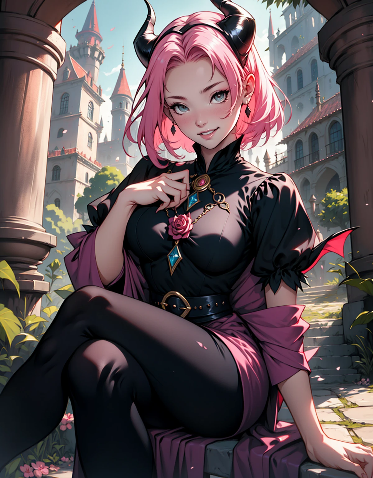 1 mulher, dressed up as maleficent, strong emotions, sakura, cabelo curto, (cabelo rosa!!) , luz, foco, como malevola, corpo inteiro, horns on head, solo, magia ao seu redor, she is in front of a castle,(leggings and black blouse), from head to toe ((corpo inteiro!!!), maligna, rosto perverso, sorriso maligno, backwards, sitting on the gound