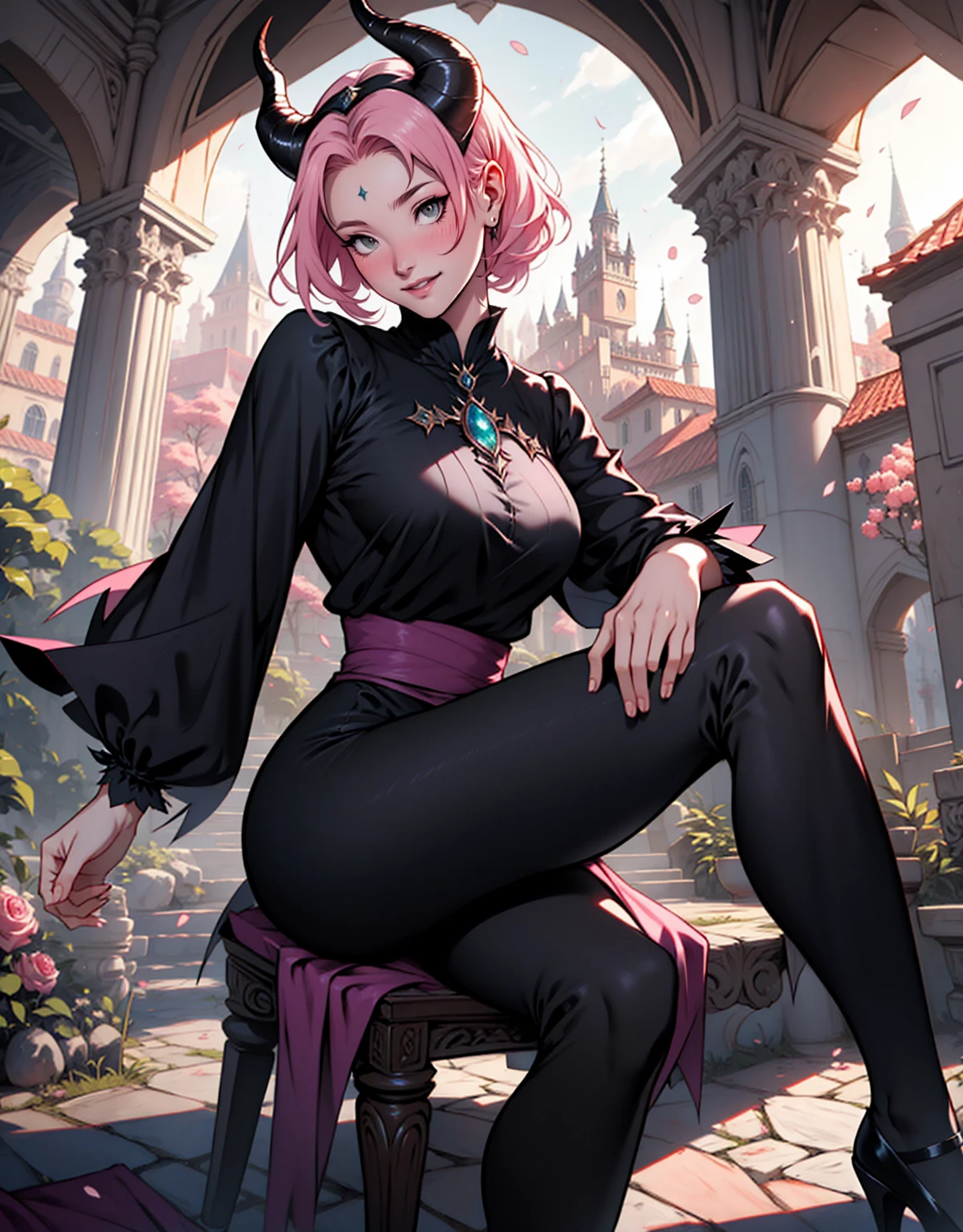 1 mulher, dressed up as maleficent, strong emotions, sakura, cabelo curto, (cabelo rosa!!) , luz, foco, como malevola, corpo inteiro, horns on head, solo, magia ao seu redor, she is in front of a castle,(leggings and black blouse), from head to toe ((corpo inteiro!!!), maligna, rosto perverso, sorriso maligno, backwards, sitting on the gound