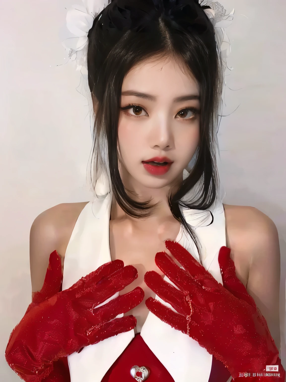 arafed asian woman in red and white dress with red gloves, red gloves, gongbi, xision wu, twintails white_gloves, blackpink jennie, lalisa manobal, asian features, ulzzang, 👅 👅, heonhwa choe, lulu chen, wenfei ye, sha xi, taejune kim, shikamimi