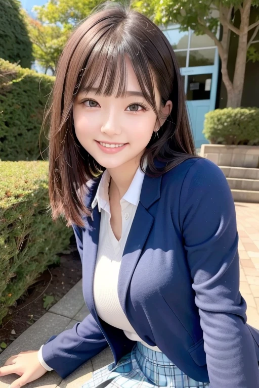 ((highest quality)), ((masterpiece)), (detailed), Perfect Face、4K、cute、Well-formed face、Marugao、Baby Face、１８Year Old High School Girl、A little BBW、Large Breasts、Ocean岸、Ocean、A big smile、Date with boyfriend、Navy Blue Blazer、White shirt、uniform、Checked skirt、Medium Bob Hair、Walking and Conversation、