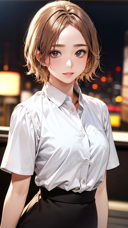 (Top quality masterpiece:1.2) Delicate illustrations, Very detailed, /Beautiful Japanese Woman、1 person,Very cute and slim、Excellent style 、((8K images、super high quality))、Very delicate face, Beautiful forehead、Beautiful thighs、Bright red lipstick,(((((short hair、Light brown hair、Blonde hair))))),very cute、Kind eyes,((((White Shirt、skirt、I can see your underwear))))、starry skies、Tokyo night view