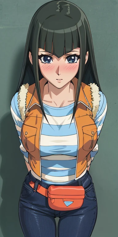 masterpiece, best quality, ultra-detailed, illustration,masterpiece, Best quality, high resolution, high resolution, CC, 1girl, vest, striped shirt, striped sleeves, fanny pack, pants,beautiful detailed eyes, looking at viewer in a seductive look, close up, (breast focus), (arms behind back:1.2), (from above:1.1),big sized breasts, attempt to seduce,blush, (cleavage) ,(wide thighs:1.3)