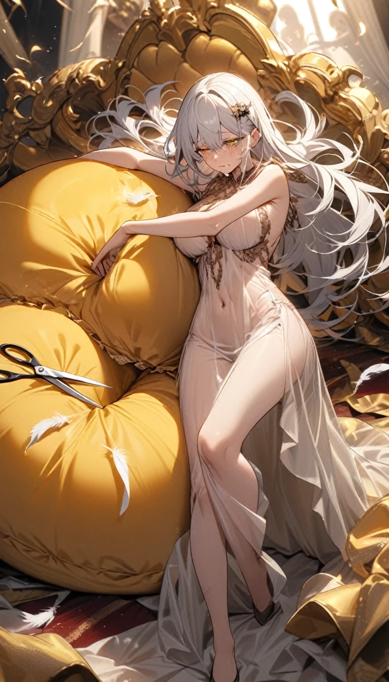 A woman, flowing white hair, melancholy eyes, yellow pupils, black diamond-shaped hairpin, A woman is cutting up a tattered super huge golden silk cushion with scissors in a dirty way. many tiny feathers are dancing, She wears a see-through gown, Tattered cushions, She's lying on a super huge golden silk cushion. The woman is crying and tearing up the cushions with scissors