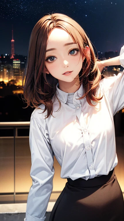 (Top quality masterpiece:1.2) Delicate illustrations, Very detailed, /Beautiful Japanese Woman、1 person,Very cute and slim、Excellent style 、((8K images、super high quality))、Very delicate face, Beautiful forehead、Beautiful thighs、Bright red lipstick,(((((Middle Hair、Light brown hair、Blonde hair))))),very cute、Kind eyes,((((White Shirt、skirt、I can see your underwear))))、starry skies、Tokyo night view