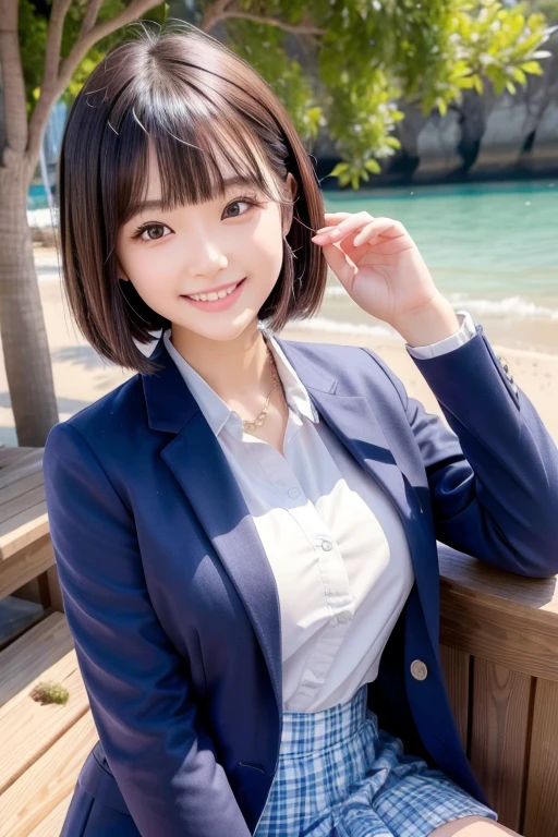 ((highest quality)), ((masterpiece)), (detailed), Perfect Face、4K、cute、Well-formed face、Marugao、Baby Face、18Year Old High School Girl、A little BBW、Large Breasts、coastal、A big smile、Date with boyfriend、Navy Blue Blazer、White shirt、uniform、Checked skirt、Medium Bob Hair、Get excited、Get wet