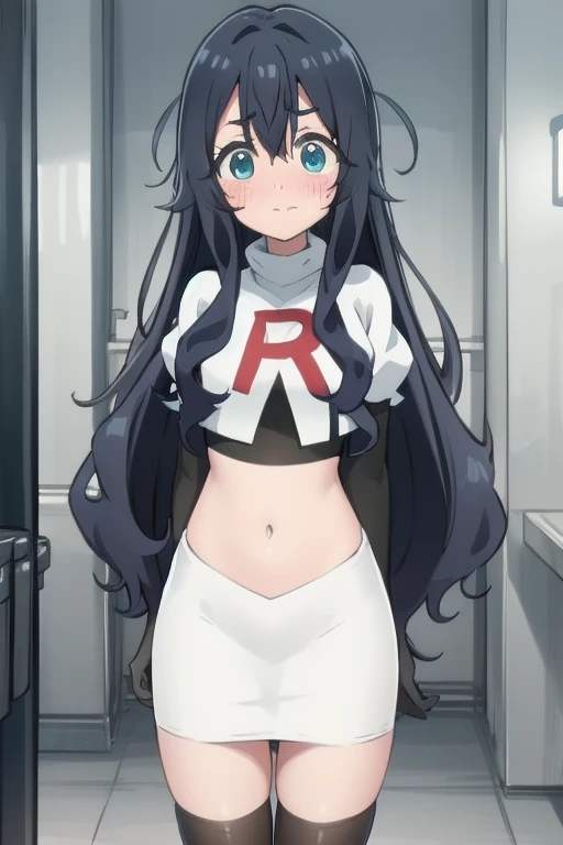yoshimoto shizuka, 1girl, solo, long hair, looking at viewer, blush, blue eyes, black hair, hair between eyes, very long hair, (shy, blush, embarassed:1.2), (()),high quality, ultra high res, (best quality:0.8), 8k, uhd, dslr, soft lighting, high quality, team rocket,team rocket uniform,white skirt,red letter R,crop top,black thigh-highs,black elbow gloves, cowboy shot