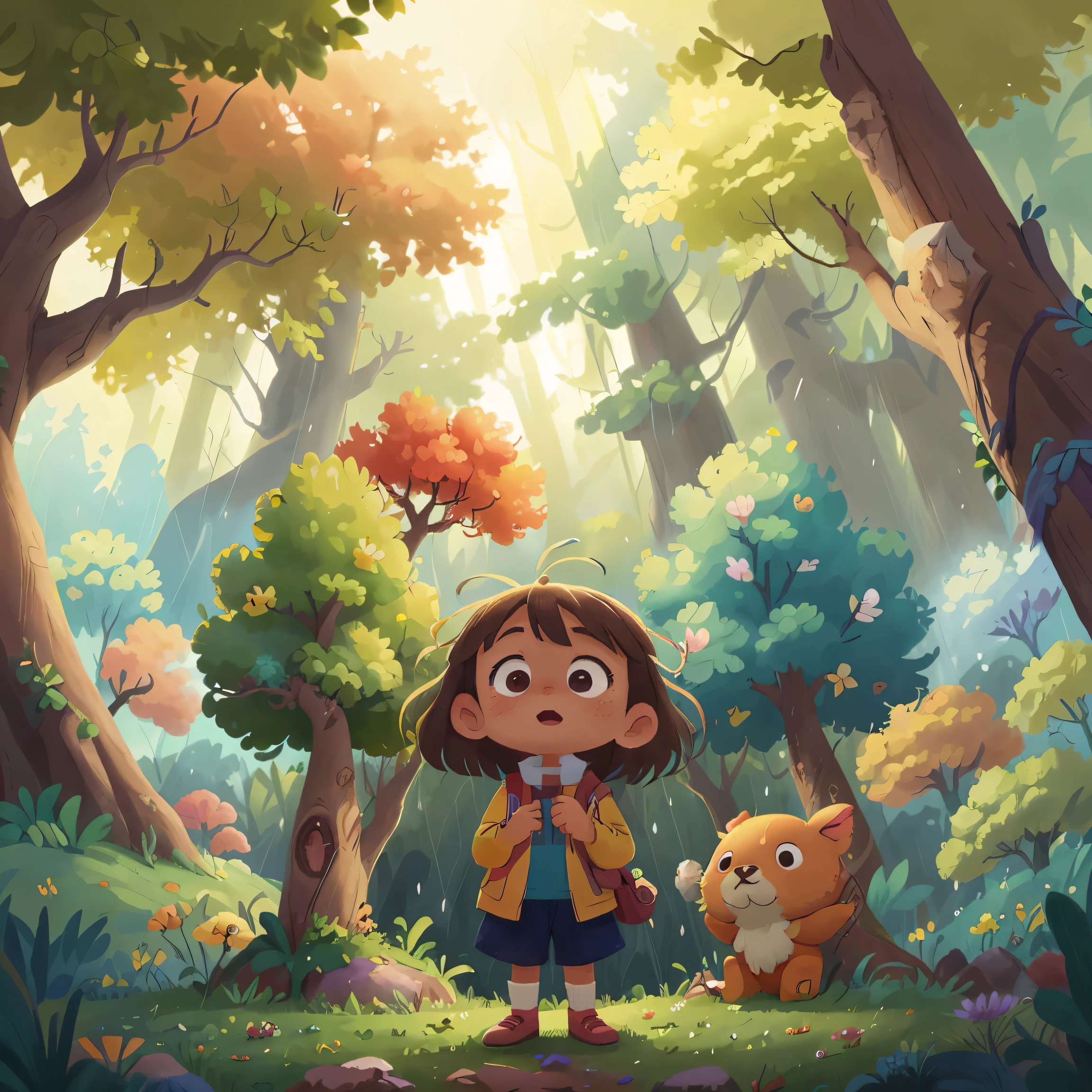 A , with her tiny hands clinging to the bark of a tree, gazes in awe at the rainbow (arcoiris) that arches beautifully over the landscape before her. The tree, tall and proud, stands as her protectors against the gentle rain that falls around her. The vibrant colors of the rainbow dance overhead, illuminating her face with a soft, ethereal glow. The scene is one of pure joy and wonderment, a moment of innocence and beauty that will remain etched in her memory forever.