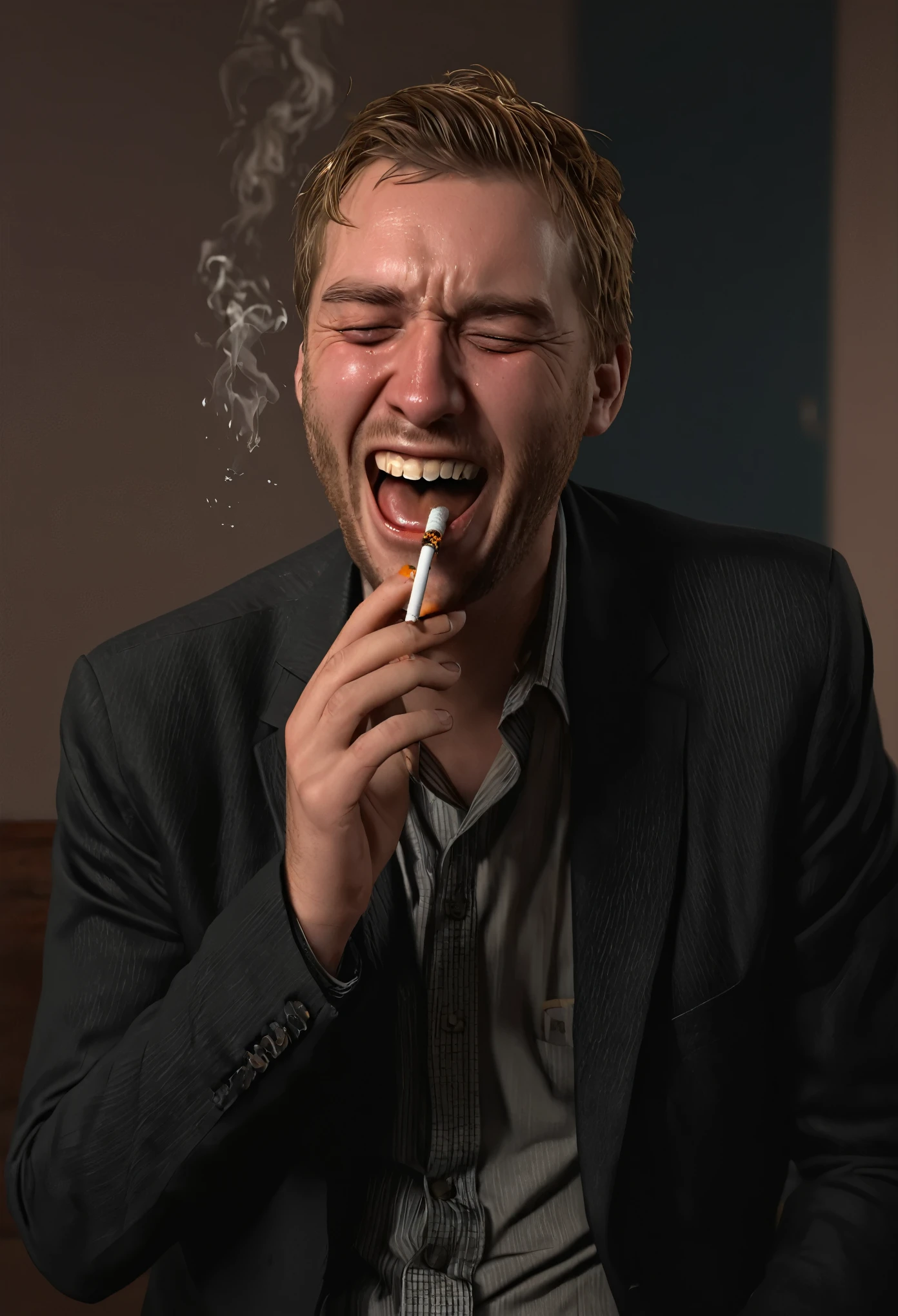 Andrew tate with cigarette in mouth laughing at poor  who is begging and crying and need food in 3d