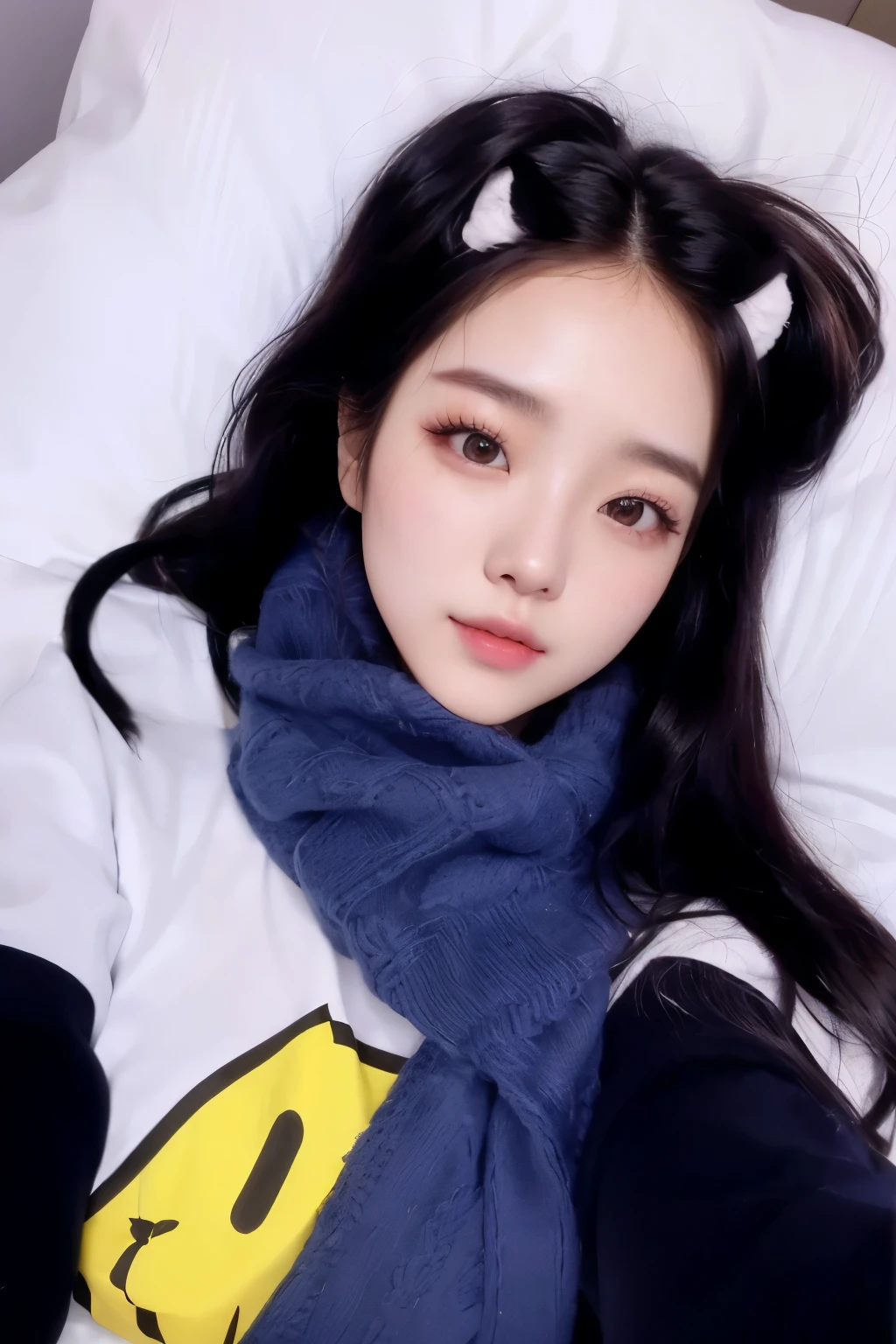 un primer plano de una persona acostada en una cama con una bufanda, ulzzang, pale korean adorable face, jisoo de blackpink, muy hermosa linda catgirl, dilraba dilmurat, Jisoo de Blackpink, joven y adorable rostro coreano, muchacha coreana, retrato de jisoo rosa negro, linda actriz coreana, ruan cute vtuber, hermosa joven coreana