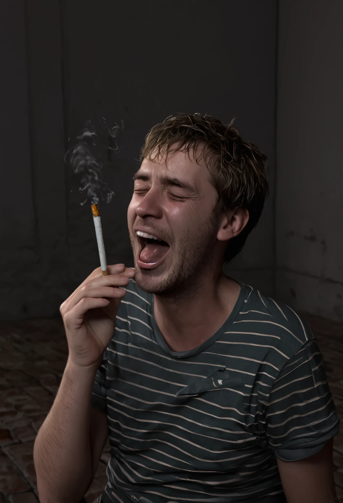 Andrew tate with cigarette in mouth laughing at poor  who is begging and crying and need food in 3d