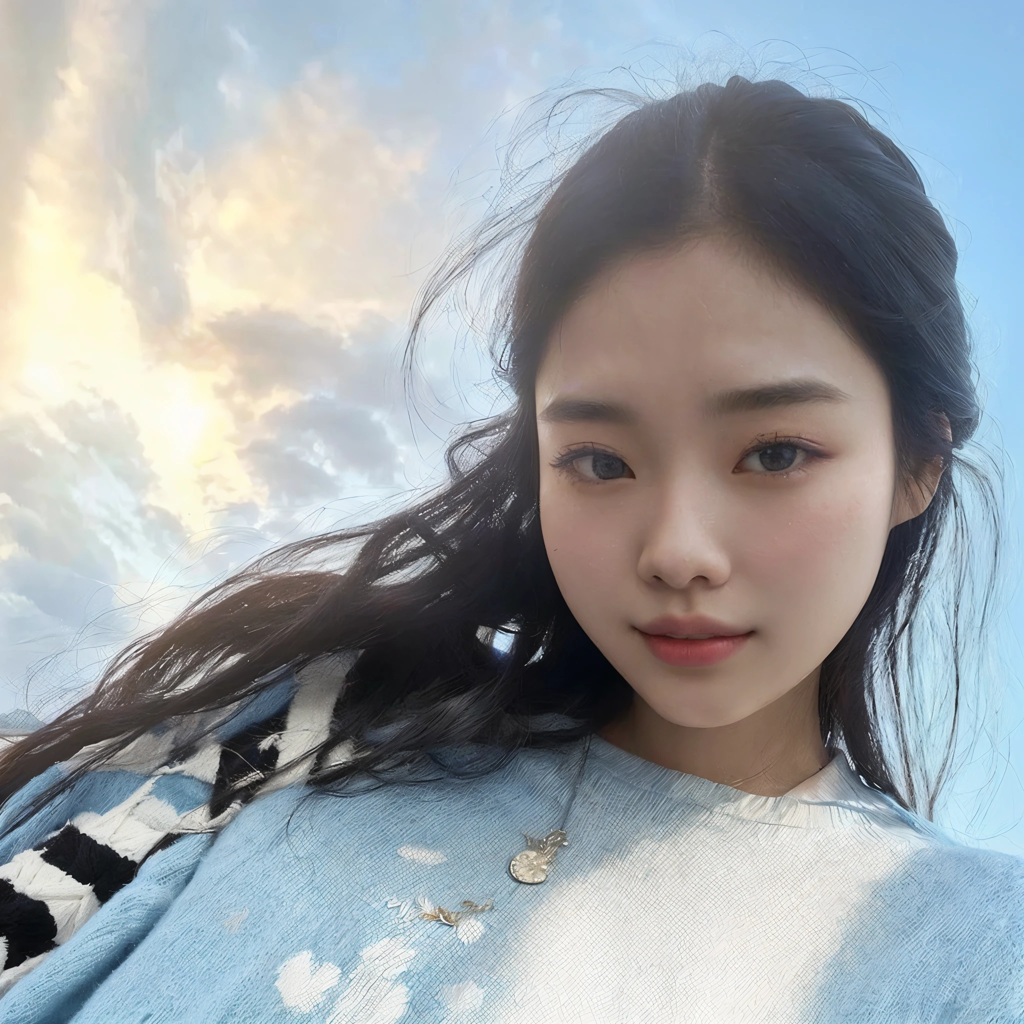 a closeup of a woman with long hair wearing a blue sweater, Jennie rosa negra, Wenfei Ye, Gongbi, Gemma Chen, heonhwa choe, Xintong Chen, Kim Doyoung, lee ji - eun, lee ji-eun, Lulu Chen, parque roseanne de blackpink, jaeyeon nam, aparcar desde-min, jinyoung shin, shaxi