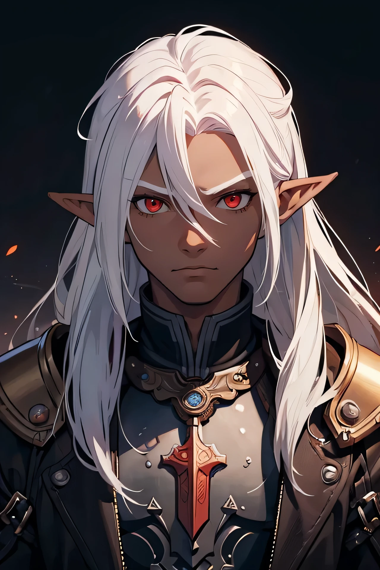 ((best quality)), ((masterpiece)), (detailed), ((boy)), (steampunk), human, upper body, portrait, red eyes, long white hair, Xemnas from Kingdom Hearts, half-drow, dark skinned, (full knight armor), paladin, chestplate, pointy ears
