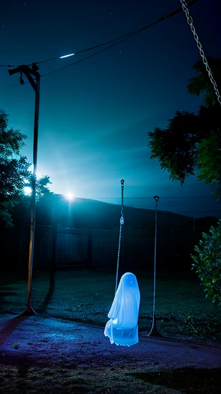 Arafad image of a ghost hanging on a swing at night, Floating Ghost, ghostly form, slow shutter, ghost of a young girl, Ghostings, Ghosting, Disturbing images, There's a ghost in the background, Spooky low light, Ghostly glittering, unsettling photo, slow shutter, sneaking, cursed photography, Pale young ghost girl, Scary ghosts