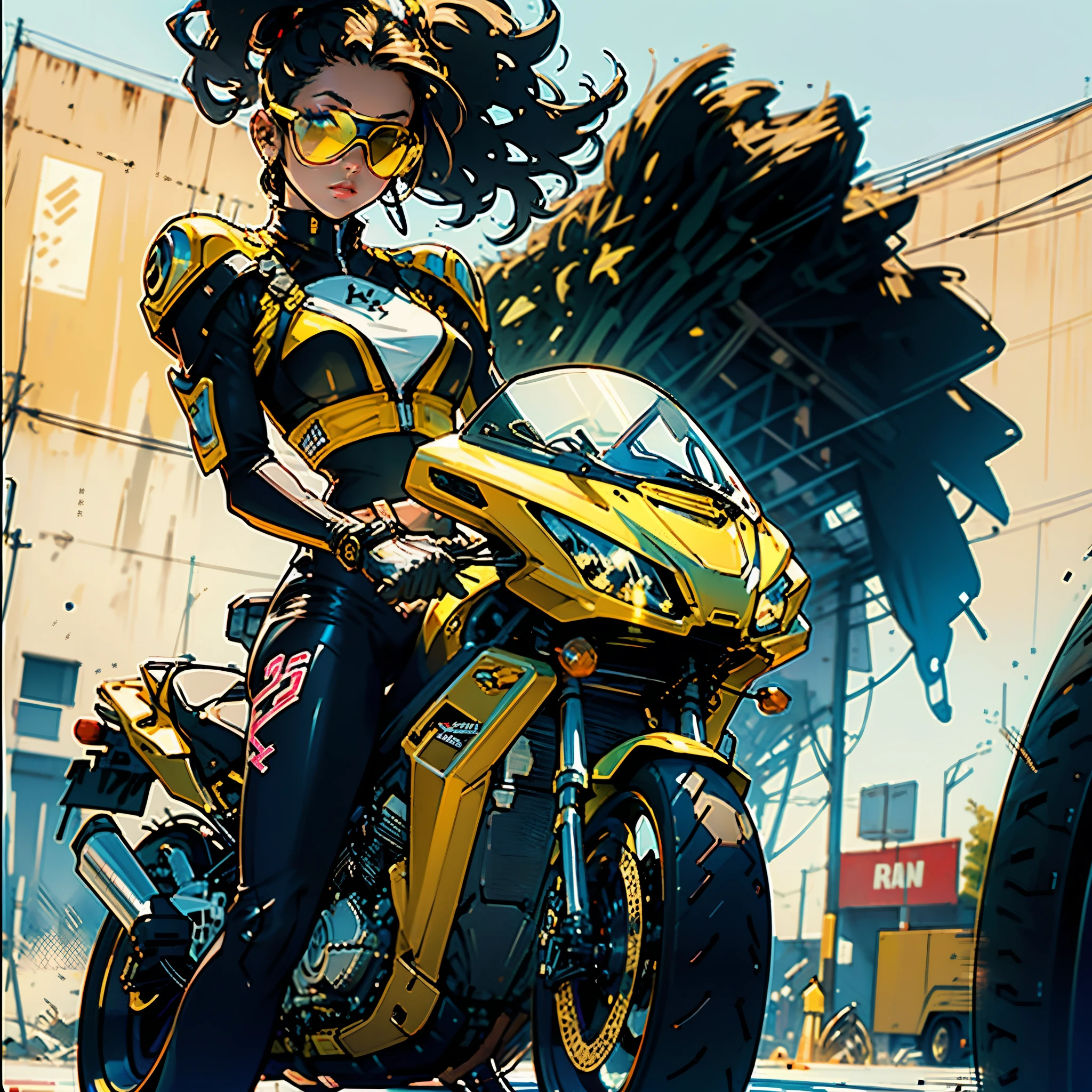 1Girl riding Sports motorbike, Urban, Full Color, Yellow color, Artificial, Ultra Detail, Highly Quality, Fine Details, Highlights, Girl with Sunglasses , Urban, Pop Art