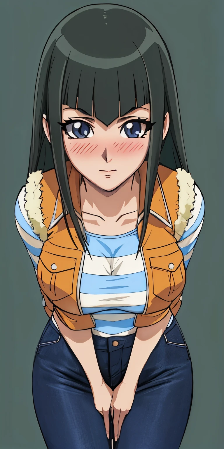 masterpiece, best quality, ultra-detailed, illustration,masterpiece, Best quality, high resolution, high resolution, CC, 1girl, vest, striped shirt, striped sleeves, pants,beautiful detailed eyes, looking at viewer in a seductive look, close up, (breast focus), (arms behind back:1.2), (from above:1.1),big sized breasts, attempt to seduce,blush, ((cleavage)) ,(wide thighs:1.3)