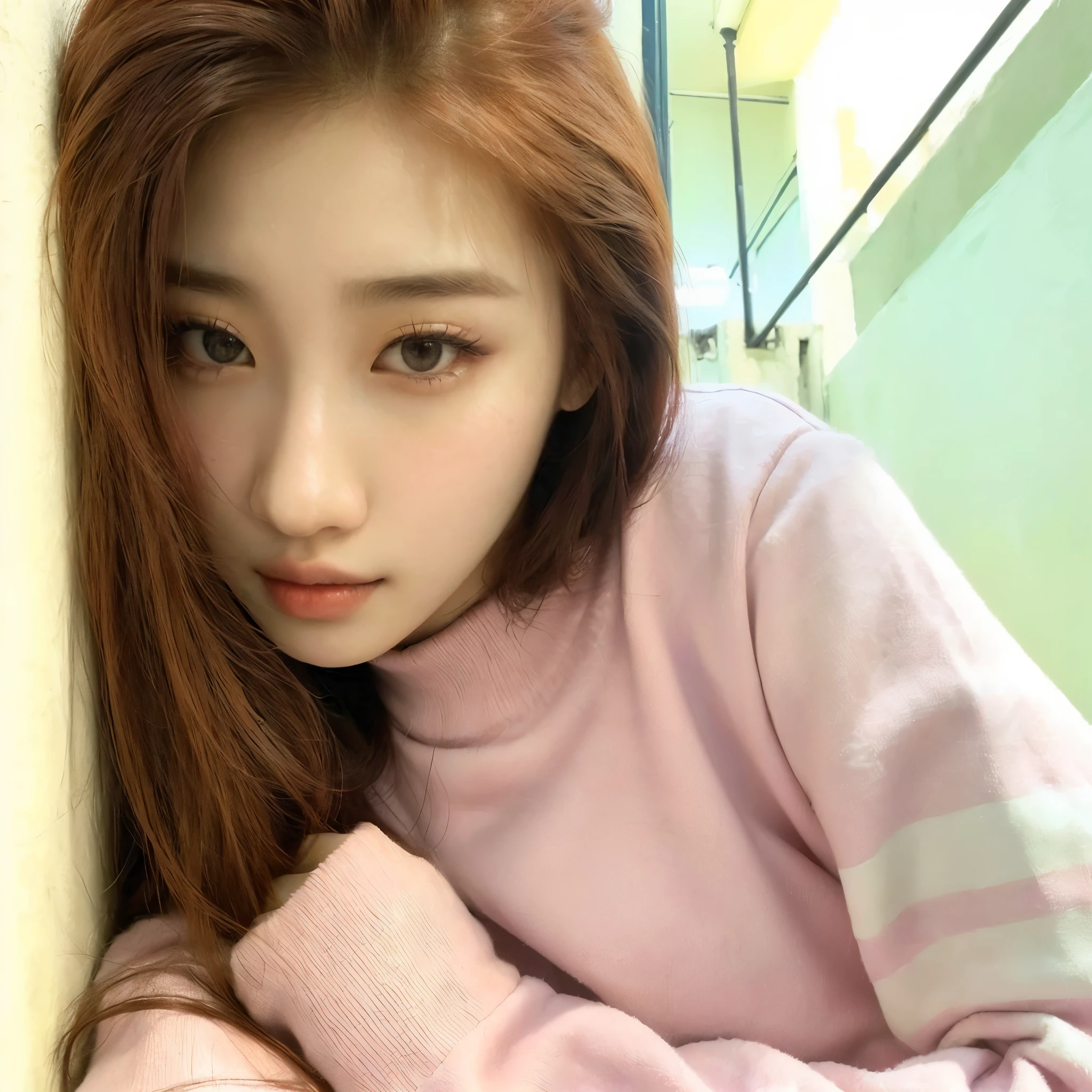 arafed asian woman with long red hair leaning against a wall, muchacha coreana, jinyoung shin, bae suzy, hermosa mujer surcoreana, pale korean adorable face, heonhwa choe, jossi de blackpink, hermosa joven coreana, parque roseanne de blackpink, jaeyeon nam, ulzzang, vistiendo una sudadera con capucha rosa pastel, joven y adorable rostro coreano