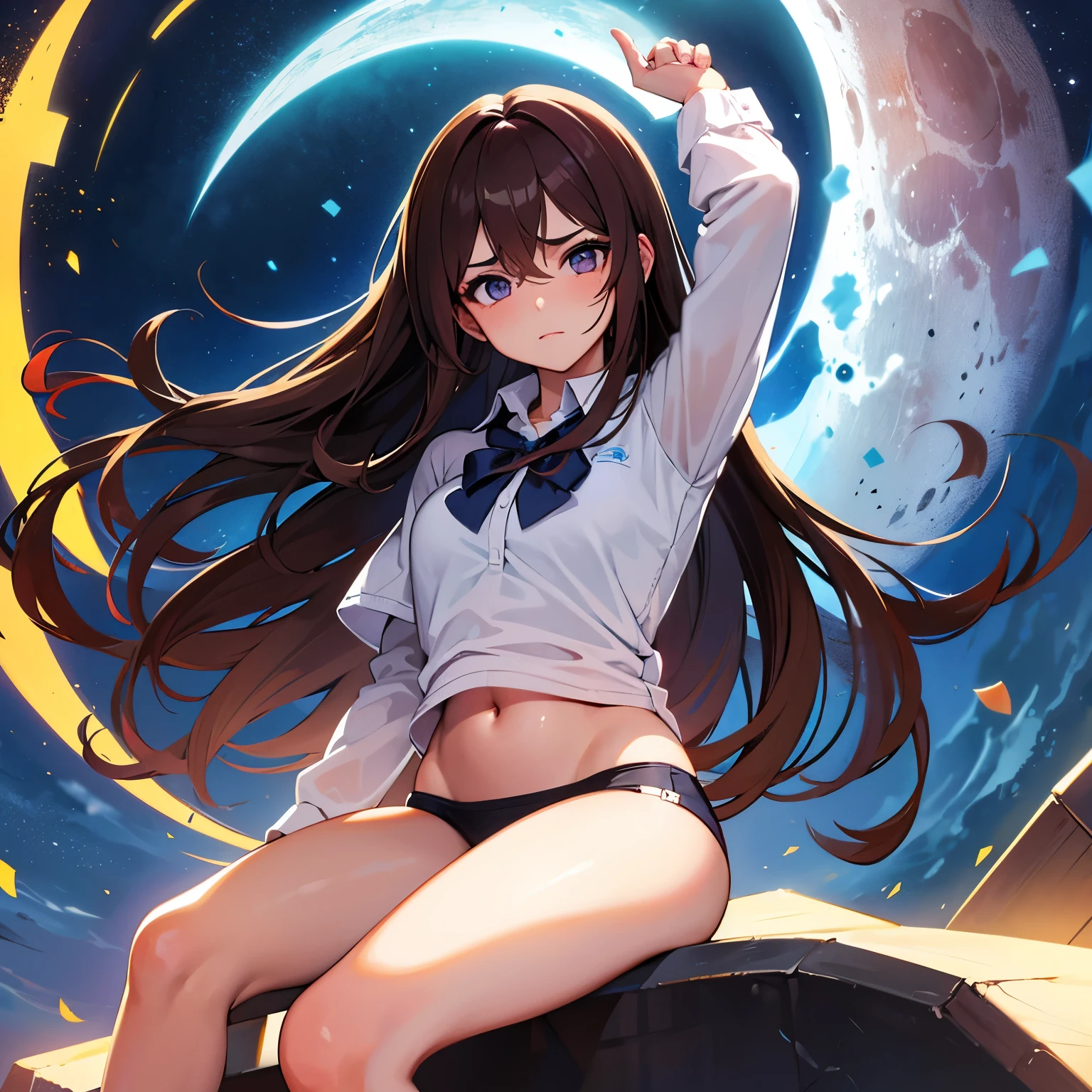 Estudiante, Ojos azules, lentes, long brown hair, ligeramente despeinado, lunar bajo el ojo derecho, piel clara, camisa de pijama, cuerpo sexy