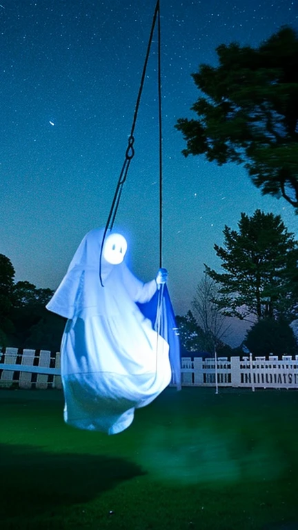 Arafad image of a ghost hanging on a swing at night, Floating Ghost, ghostly form, slow shutter, ghost of a young girl, Ghostings, Ghosting, Disturbing images, There&#39;s a ghost in the background, Spooky low light, Ghostly glittering, unsettling photo, slow shutter, sneaking, cursed photography, Pale young ghost girl, Scary ghosts，scary photos，Gothic horror masterpiece，There is an ethereal and transparent soul behind the face，Beautiful woman in，behind，feeling of horror，Uncanny Valley，There is a spirit behind it，Gorgeous clothes，There is a drop shoulder，There is leakage on the chest，
