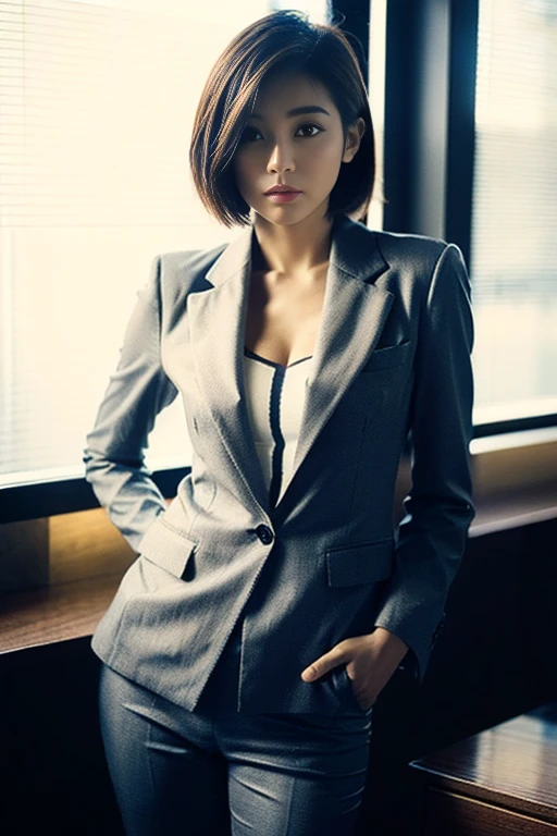 (Best quality, 8k, 32k, Masterpiece, UHD:1.2), 1girl, Beautiful Japanese woman, narrow waist, grey suit, open jacket, office lady, suit, pants, office room, desk, (stick out one's buttocks:1.2), detailed face, short hair,