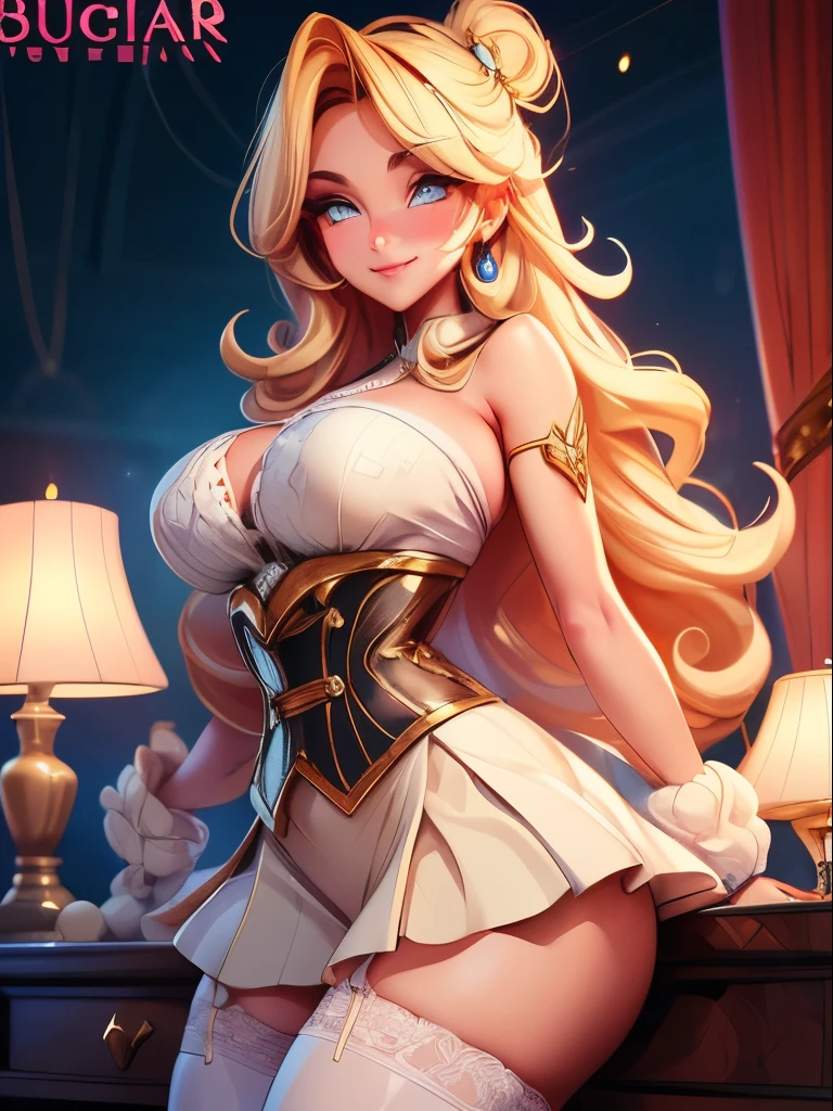 Anime, a glamour shot of a smiling MILF, busty, big ass, Standing demurely with her legs crossed in a bedroom, long sexy legs, leaning toward the viewer, with Smokey eyes and knowing smile wearing a white corset, white lace stockings, insanely detailed face and eyes, intricate, hyper-detailed bedroom, digital illustration, masterpiece, beautiful eyes, atmospheric lighting, centered, perfect anatomy, glowing eyes, candid portrait, clear, very detailed, smooth, sharp focus, focused on the viewer, a view from the side