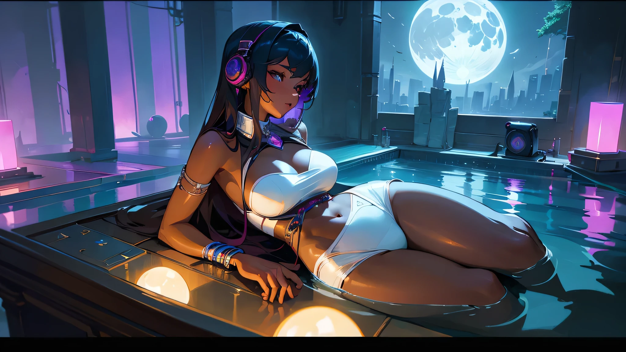 A woman wearing a white bikini and headphones、A beautiful night view behind、Big Breasts、sexy、Indoor pool with a night view、Moonlight、Unbuttoned、Downlight、full moon、Stylish interior、Ruby Eye、Woman lying on a vinyl boat