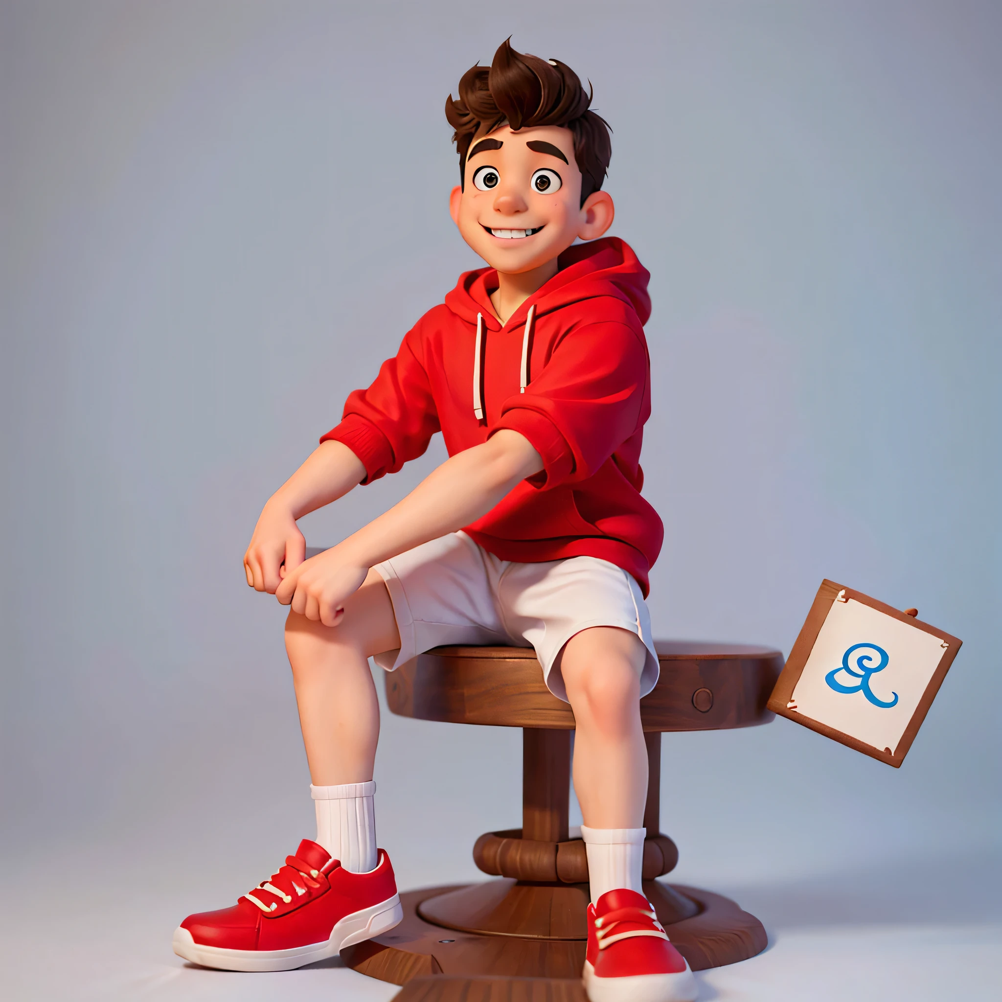 Generate a Disney-style image of a young boy sitting against a white background, holding a blank white sign. He has short curly hair, a short mustache with a small goatee, and wears a red hoodie. He also has a smile on his face.