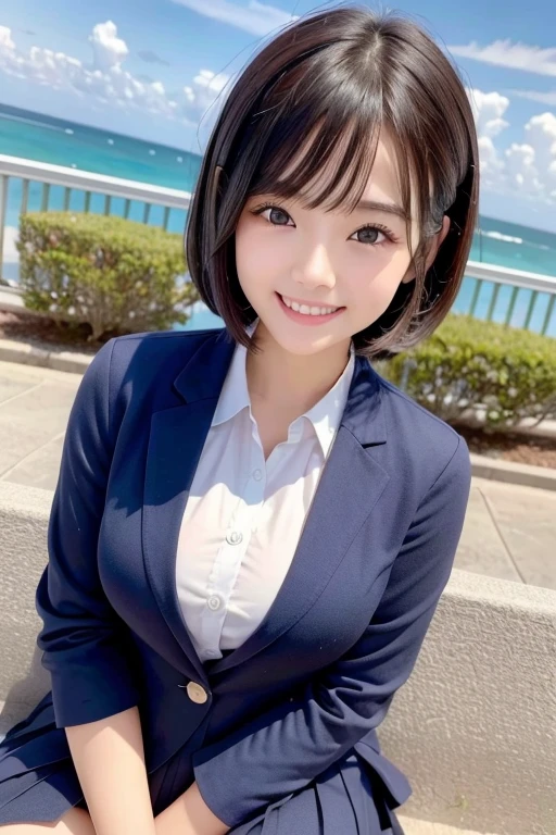 ((highest quality)), ((masterpiece)), (detailed), Perfect Face、4K、cute、Well-formed face、Marugao、、18Year Old High School Giittle BBW、Large Breasts、Ocean岸、A big smile、Date with boyfriend、Navy Blue Blazer、White shirt、uniform、Checked skirt、Medium Bob Hair、Get excited、Get wet、Water Play、Ocean