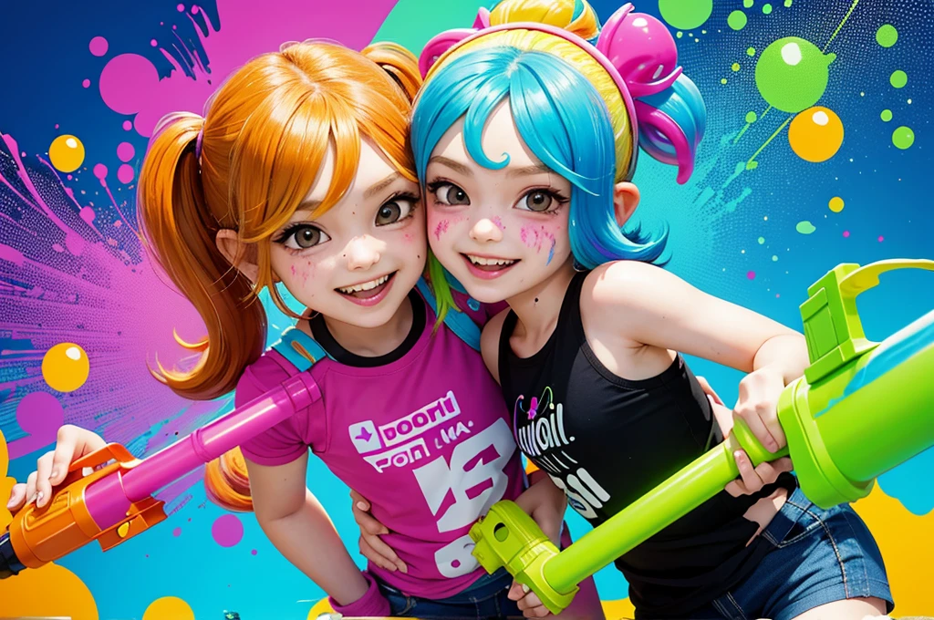 popart,tween kids playing Splatoon pretend,have a lot of ink on their bodies,playing with paint on each other using water-gun or bubble-gun,colorful classroom,very happy,smile,beautiful lighting, volumetric lighting, dynamic pose,sharp,