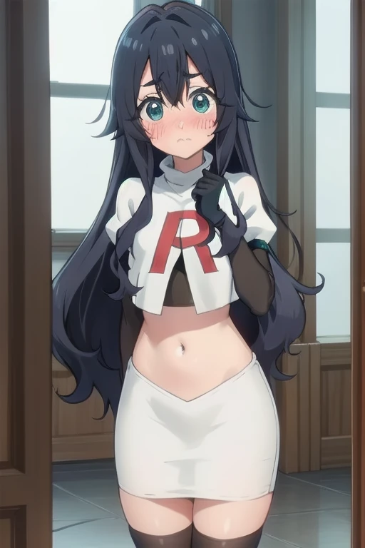 yoshimoto shizuka, 1girl, solo, long hair, looking at viewer, blush, blue eyes, black hair, hair between eyes, very long hair, (shy, blush, embarassed:1.2), (()),high quality, ultra high res, (best quality:0.8), 8k, uhd, dslr, soft lighting, high quality, team rocket,team rocket uniform,white skirt,red letter R,crop top,black thigh-highs,black elbow gloves, cowboy shot