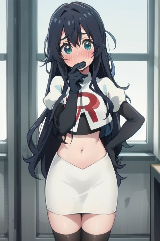 yoshimoto shizuka, 1girl, solo, long hair, looking at viewer, blush, blue eyes, black hair, hair between eyes, very long hair, (shy, blush, embarassed:1.2), (()),high quality, ultra high res, (best quality:0.8), 8k, uhd, dslr, soft lighting, high quality, team rocket,team rocket uniform,white skirt,red letter R,crop top,black thigh-highs,black elbow gloves, cowboy shot