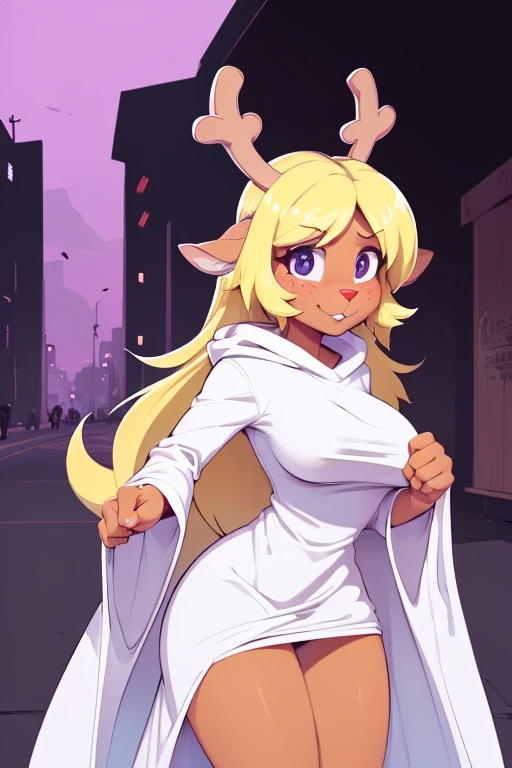 (noelle, furry female anthro, blonde hair, deer girl, red deer nose, white eyes, white pupils, white robe, hooded robe, big breasts, midriff), blushing, hands on hips, wide hips, green neon city, smiling