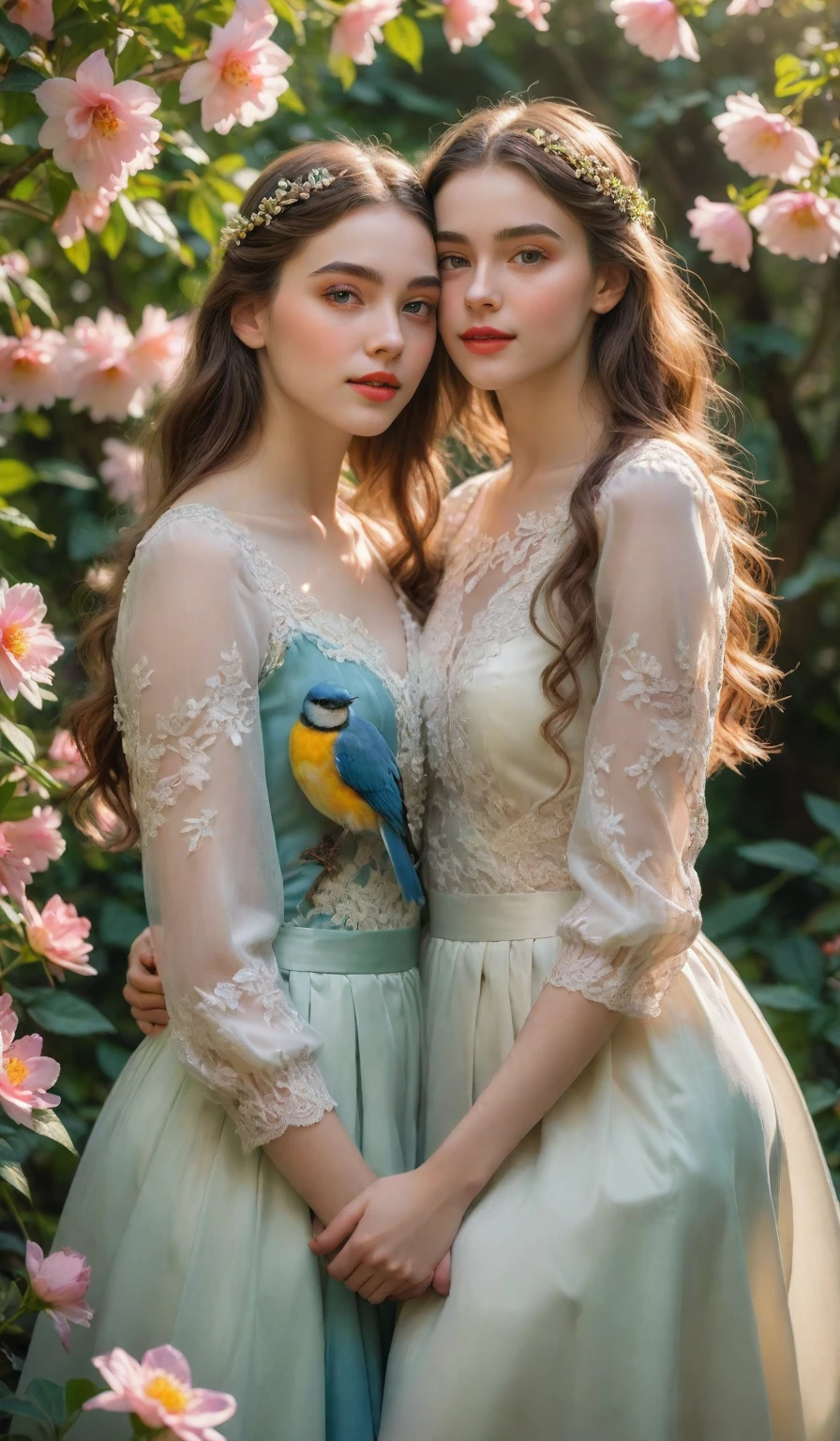 best quality,ultra-high resolution: 8k HDR,
1girl, detailed eyes, detailed lips, delicate facial features, long eyelashes,
A girl in a blooming garden, surrounded by vibrant flowers,
Soft sunlight filters through the leaves, casting a warm glow on her face,
She stands close to another girl, their hands gently intertwined,
They share a moment of discovery and self-realization,
The atmosphere is filled with curiosity, excitement, and tenderness,
The girls are dressed in elegant and flowing dresses,
The vibrant colors of their dresses complement the colorful scenery,
The garden is lush and filled with lush greenery and blossoming flowers,
The air is filled with the sweet fragrance of nature,
The birds chirp happily, adding to the serene ambiance,
The girls' eyes reflect their inner beauty and confidence,
Their lips gently curve into affectionate smiles,
The emotions in their eyes are vivid and expressive,
Their love and bond are beautifully portrayed,
The painting style is a mix of realism and impressionism,
The colors are vibrant and rich, creating a captivating visual experience,
The lighting is soft and ethereal, enhancing the dreamlike atmosphere,
The focus is sharp, capturing every intricate detail,
The result is a masterpiece that celebrates love, beauty, and self-discovery.