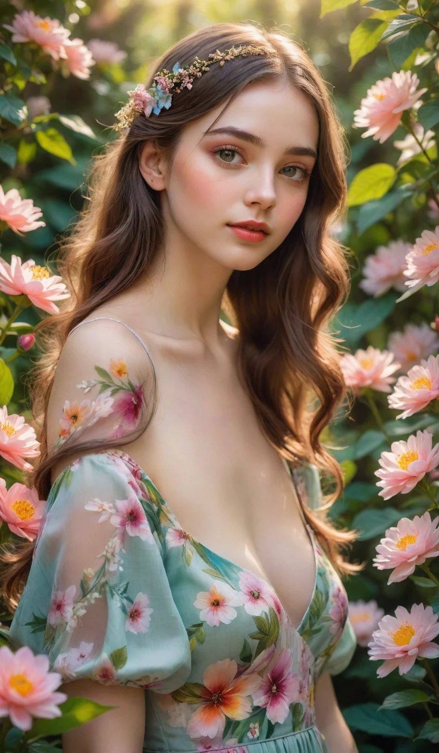 best quality,ultra-high resolution: 8k HDR,
1girl, detailed eyes, detailed lips, delicate facial features, long eyelashes,
A girl in a blooming garden, surrounded by vibrant flowers,
Soft sunlight filters through the leaves, casting a warm glow on her face,
She stands close to another girl, their hands gently intertwined,
They share a moment of discovery and self-realization,
The atmosphere is filled with curiosity, excitement, and tenderness,
The girls are dressed in elegant and flowing dresses,
The vibrant colors of their dresses complement the colorful scenery,
The garden is lush and filled with lush greenery and blossoming flowers,
The air is filled with the sweet fragrance of nature,
The birds chirp happily, adding to the serene ambiance,
The girls' eyes reflect their inner beauty and confidence,
Their lips gently curve into affectionate smiles,
The emotions in their eyes are vivid and expressive,
Their love and bond are beautifully portrayed,
The painting style is a mix of realism and impressionism,
The colors are vibrant and rich, creating a captivating visual experience,
The lighting is soft and ethereal, enhancing the dreamlike atmosphere,
The focus is sharp, capturing every intricate detail,
The result is a masterpiece that celebrates love, beauty, and self-discovery.