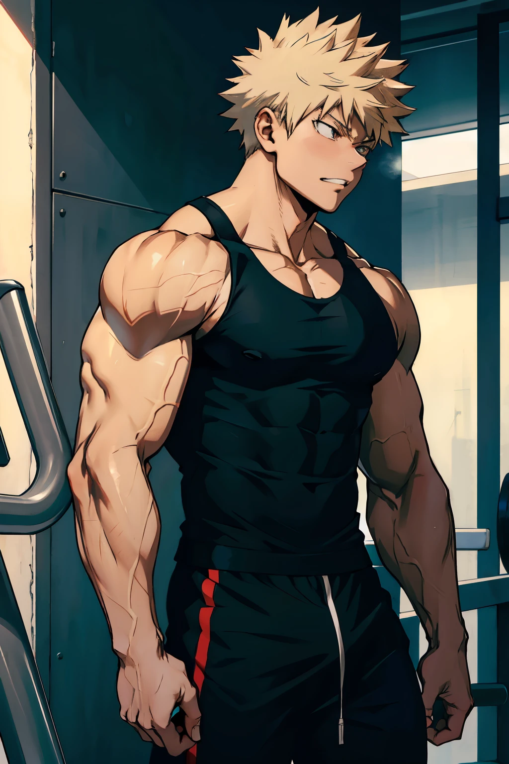 Katsuki Bakugo from Boku No Hero Academia, wearing black gym pants and black tank top, bodybuilder, defined body, abs