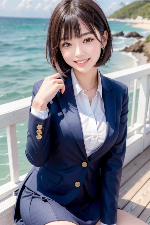 ((highest quality)), ((masterpiece)), (detailed), Perfect Face、4K、cute、Well-formed face、Marugao、Baby Face、18Year Old High School Girl、A little BBW、Large Breasts、Ocean岸、A big smile、Date with boyfriend、Navy Blue Blazer、White shirt、uniform、Checked skirt、Medium Bob Hair、Get excited、Get wet、Water Play、Ocean