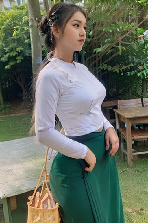 A school teacher is 30years old.Tall, thin, big hips, big breasts, blonde hair, small lips, blue eyes, attractive, 64K.Top=white Burmese blouse,With long sleeves,Buttoned at the side.Bottom=(Dark green) long skirt.
Footwear=female Burmese sandals,The hair is knotted bun.European.Sexy type.