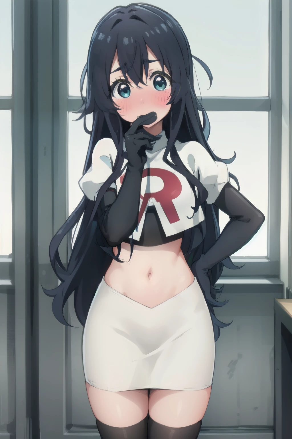 yoshimoto shizuka, 1girl, solo, long hair, looking at viewer, blush, blue eyes, black hair, hair between eyes, very long hair, (shy, blush, embarassed:1.2), (()),high quality, ultra high res, (best quality:0.8), 8k, uhd, dslr, soft lighting, high quality, team rocket,team rocket uniform,white skirt,red letter R,crop top,black thigh-highs,black elbow gloves, cowboy shot