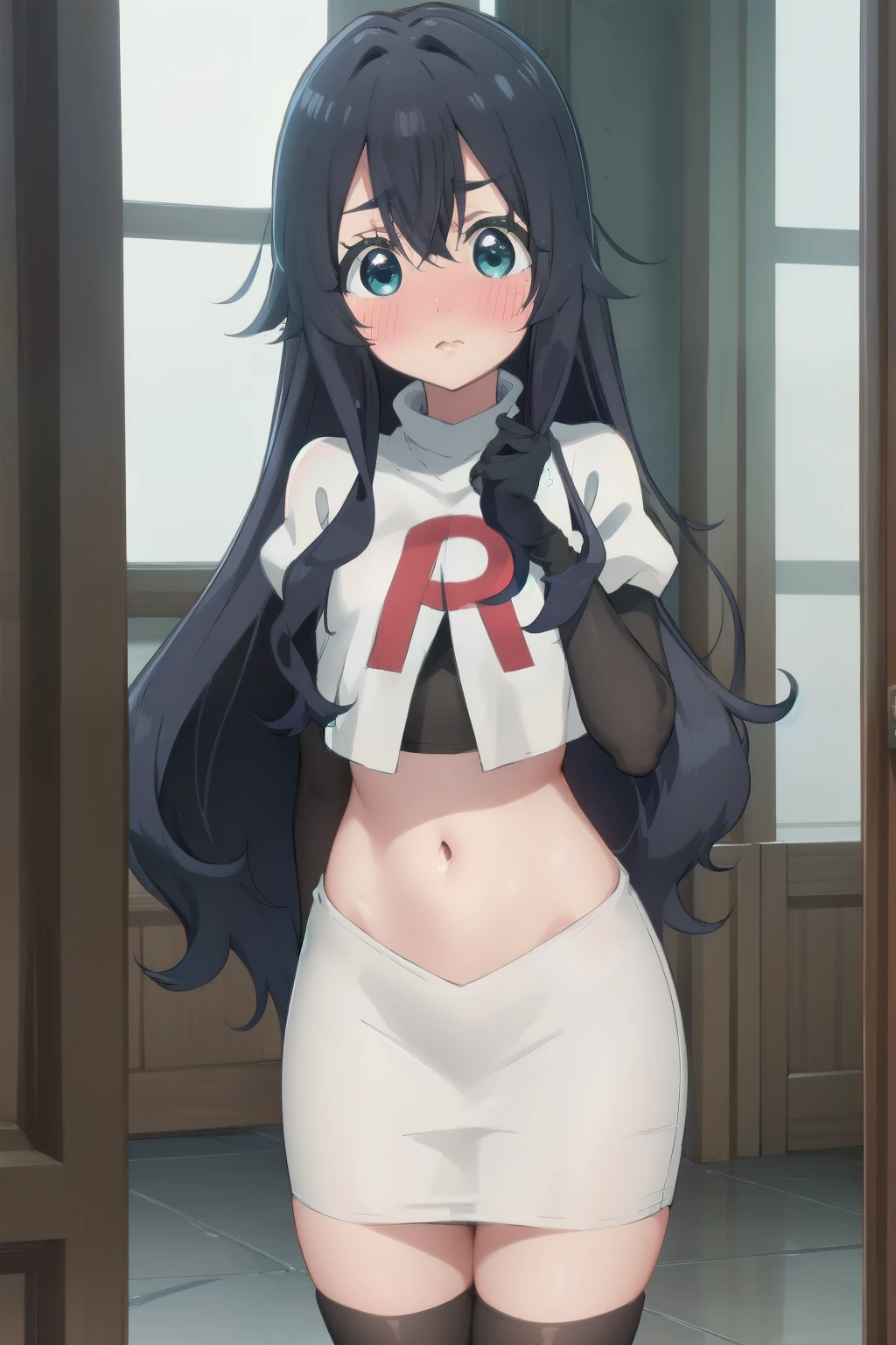 yoshimoto shizuka, 1girl, solo, long hair, looking at viewer, blush, blue eyes, black hair, hair between eyes, very long hair, (shy, blush, embarassed:1.2), (()),high quality, ultra high res, (best quality:0.8), 8k, uhd, dslr, soft lighting, high quality, team rocket,team rocket uniform,white skirt,red letter R,crop top,black thigh-highs,black elbow gloves, cowboy shot