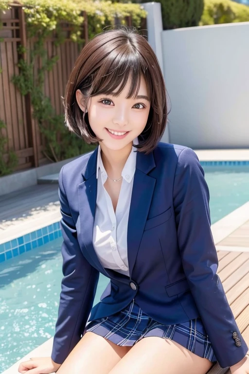 ((highest quality)), ((masterpiece)), (detailed), Perfect Face、4K、cute、整ったYan、丸Yan、Baby Face、18Year Old High School Girl、A little BBW、Large Breasts、Ocean岸、A big smile、Date with boyfriend、Navy Blue Blazer、White shirt、uniform、Checked skirt、Medium Bob Hair、Get excited、Get wet、Water Play、Ocean、Yan