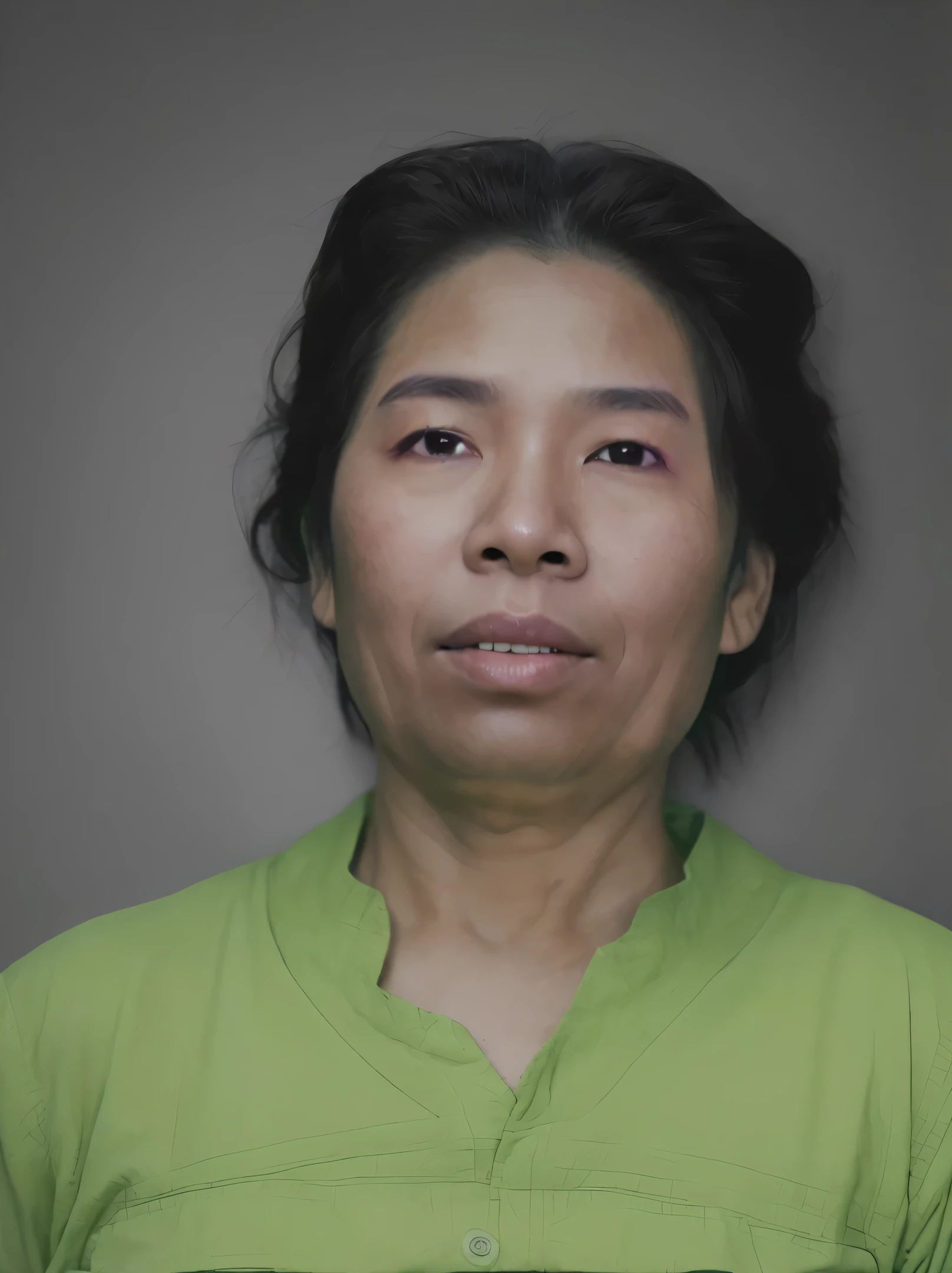 arafed asian woman with a green shirt and a green shirt, south east asian with round face, portrait of a 40 years old women, an asian woman, photo of a woman, soft portrait shot 8 k, highly detailed vfx portrait of, asian woman, highly detailed vfx portrait, color photograph portrait 4k, color portrait, ugly woman, portrait realistic photograph