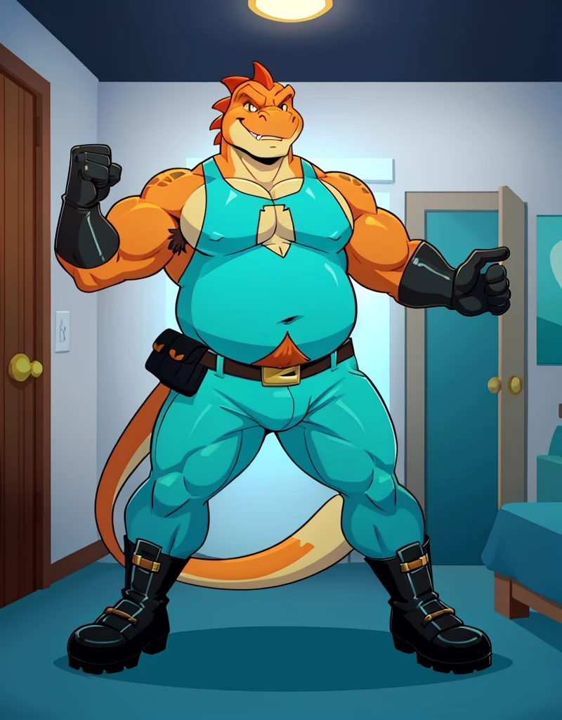 A male chubby anthropomorphic lizard with orange scales, wearing cyan sleeveless skimpy superhero suit with black boots, gloves and a belt, doing a victory poses, full body, in a private room, body hair,