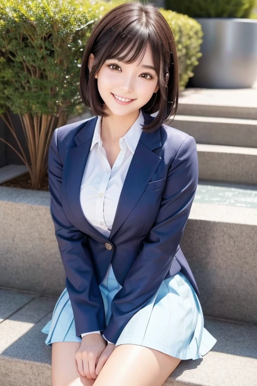 ((highest quality)), ((masterpiece)), (detailed), Perfect Face、4K、cute、Well-formed face、Marugao、Baby Face、１８Year Old High School Girl、A little BBW、Large Breasts、Ocean岸、A big smile、Date with boyfriend、Navy Blue Blazer、White shirt、uniform、Checked skirt、Medium Bob Hair、Get excited、Get wet、Water Play、Ocean、Soaking wet