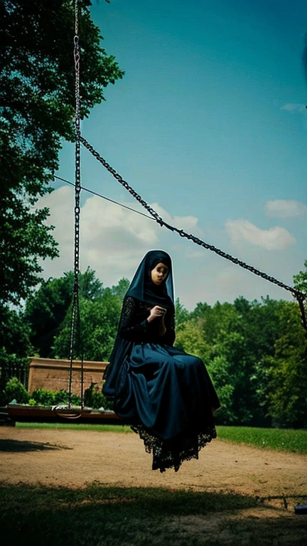 Gothic woman sitting on swing,veil flying in the air, Floating Ghost, colored photography, Dreamy atmosphere and dramatic effects, There's a ray of energy in the air, ethereal ghostly atmosphere, low - light photography, Long exposure photography, ghost of a young girl, An ethereal still painting, Long exposure photography, ghostly atmosphere, Beautiful images, slow shutter,Gothic horror masterpiece,beautiful woman,Gorgeous clothes,There is a drop shoulder,There is leakage on the chest