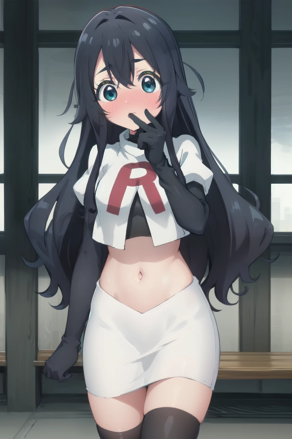 yoshimoto shizuka, 1girl, solo, long hair, looking at viewer, blush, blue eyes, black hair, hair between eyes, very long hair, (shy, blush, embarassed:1.2), (()),high quality, ultra high res, (best quality:0.8), 8k, uhd, dslr, soft lighting, high quality, team rocket,team rocket uniform,white skirt,red letter R,crop top,black thigh-highs,black elbow gloves, cowboy shot