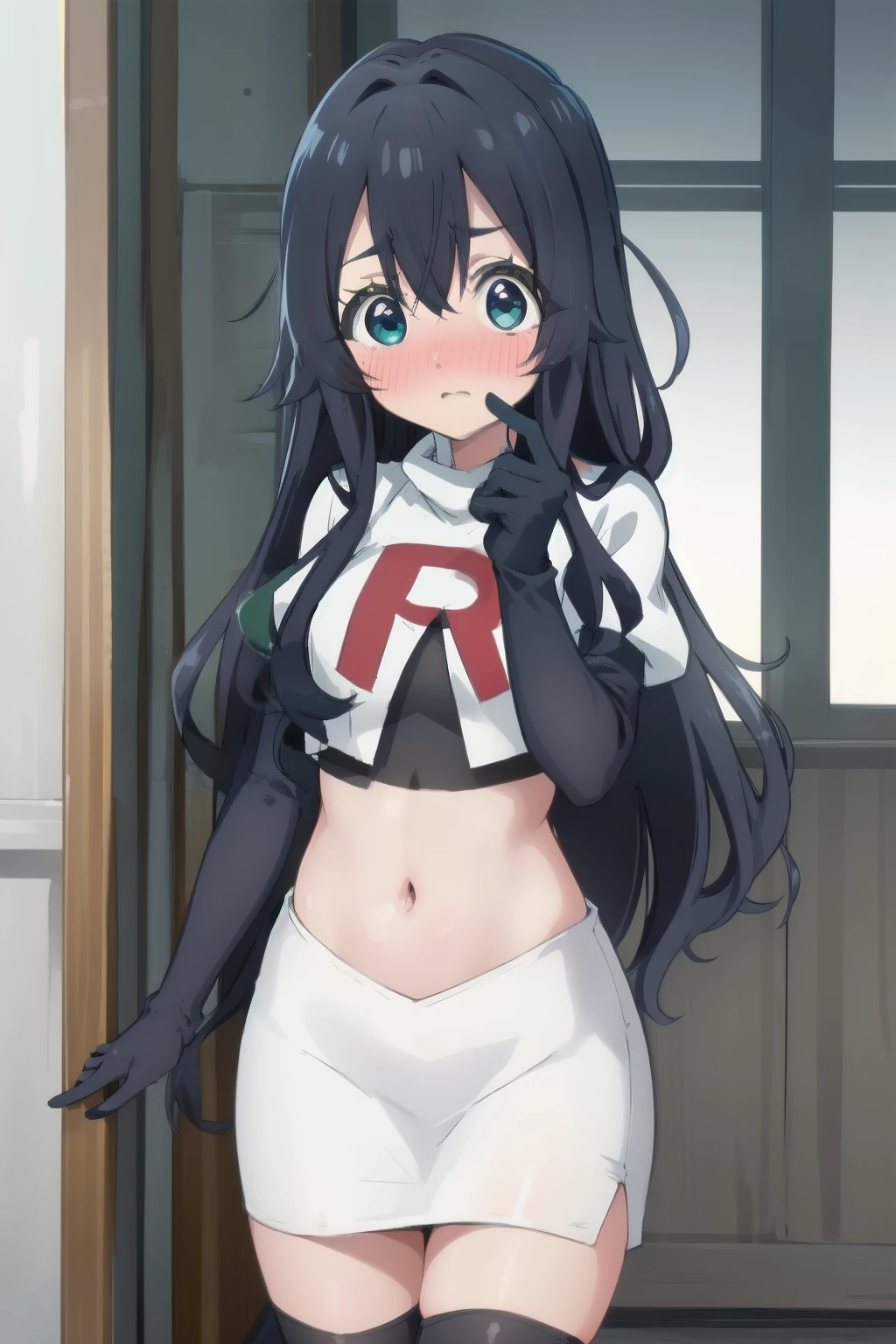 yoshimoto shizuka, 1girl, solo, long hair, looking at viewer, blush, blue eyes, black hair, hair between eyes, very long hair, (shy, blush, embarassed:1.2), (()),high quality, ultra high res, (best quality:0.8), 8k, uhd, dslr, soft lighting, high quality, team rocket,team rocket uniform,white skirt,red letter R,crop top,black thigh-highs,black elbow gloves, cowboy shot