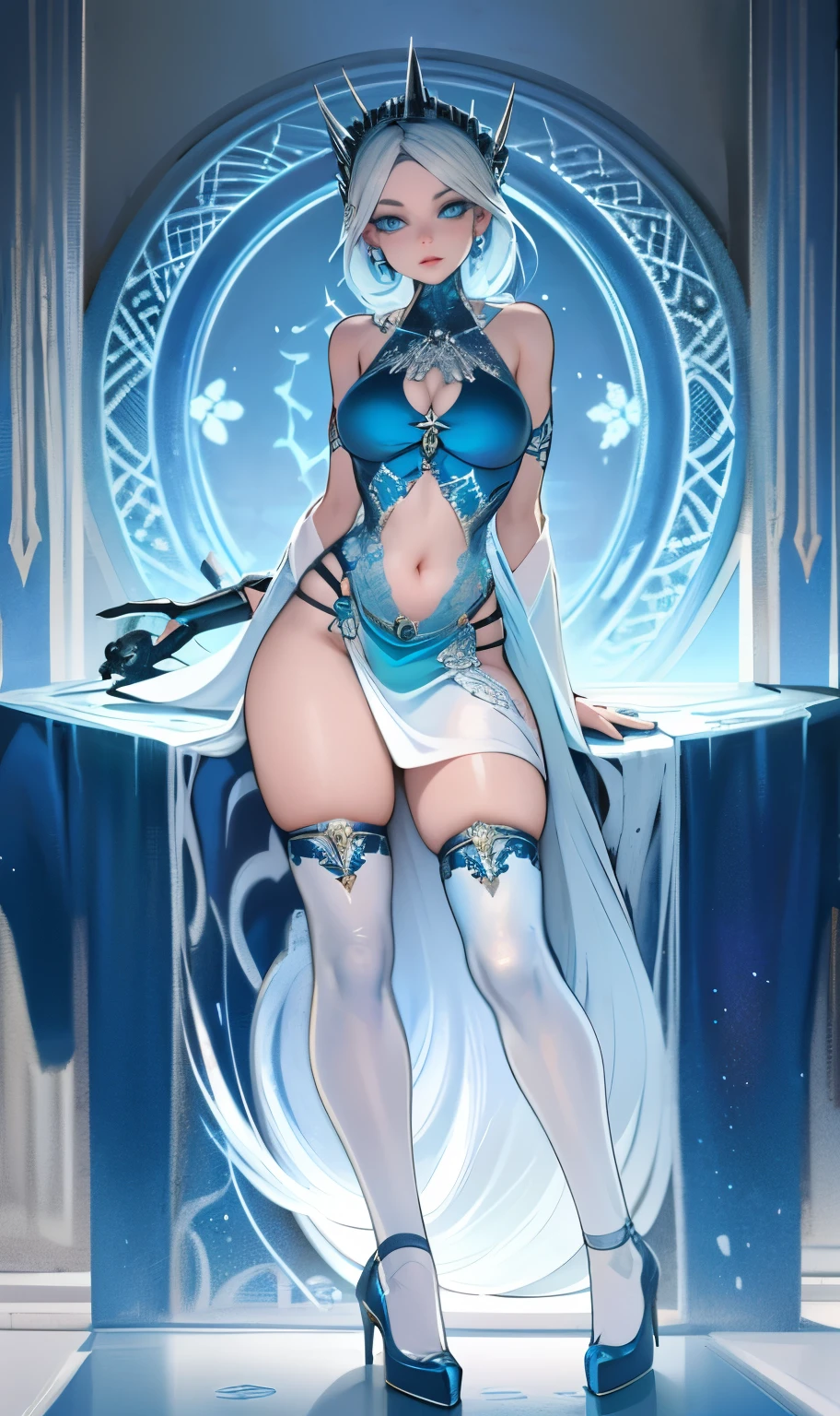 (best quality, highres, ice skull:1.1), ice skull, girl style, thick body art, detailed facial features, icy blue eyes, glossy lips, long eyelashes, porcelain skin, blue and silver color scheme, intricate skull design, realistic texture, vibrant colors, elaborate background, mysterious atmosphere, frozen garden, snow-covered trees, sparkling ice crystals, surreal lighting, fantasy elements