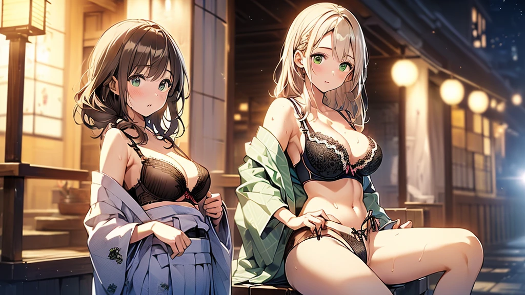 (((night,真night中))),(whole body),(((Cinema Lighting))),((Perfect Anatomy:1.2,Realistic:1.3,RAW Photos:1.3,masterpiece、highest quality、Ultra - High resolution、High resolution、Highly detailed CG、8k)),((attractive way to sit)),((旅館のJapanese-style room))、indoor、1 female,alone,18-year-old、High school girl beautiful girl,Japanese,((Beautiful and graceful face and eyes:1.2,Big beautiful eyes:1.0,)),(Bright Eyes),((Beautiful woman))、((blonde)),Long Hair,(Random hairstyle),Medium Chest,((The body is slim)),Small Head:1.3,skinny,(Brown Skin:1.8),((Oily skin,Glowing Skin,Shiny skin,Sweat:1.4)),((Model pose)),(((Kimono 1.8))),{{{Undressing}}},(prostitution),Japanese-style room,((Turn your body forward)),Stick out your crotch、(Detailed depiction of the crotch),break,(((Satin Bra)))、(((satin panties)))、(Shiny bra:2),((Shiny panties:2))、(((Award-winning design underwear))),((((Bra and panties are the same color))))、break,((Green underwear))